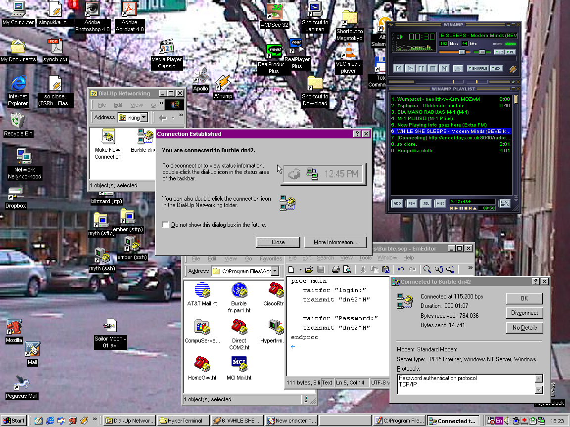 Screenshot of Win98 showing &ldquo;Connection Established&rdquo;